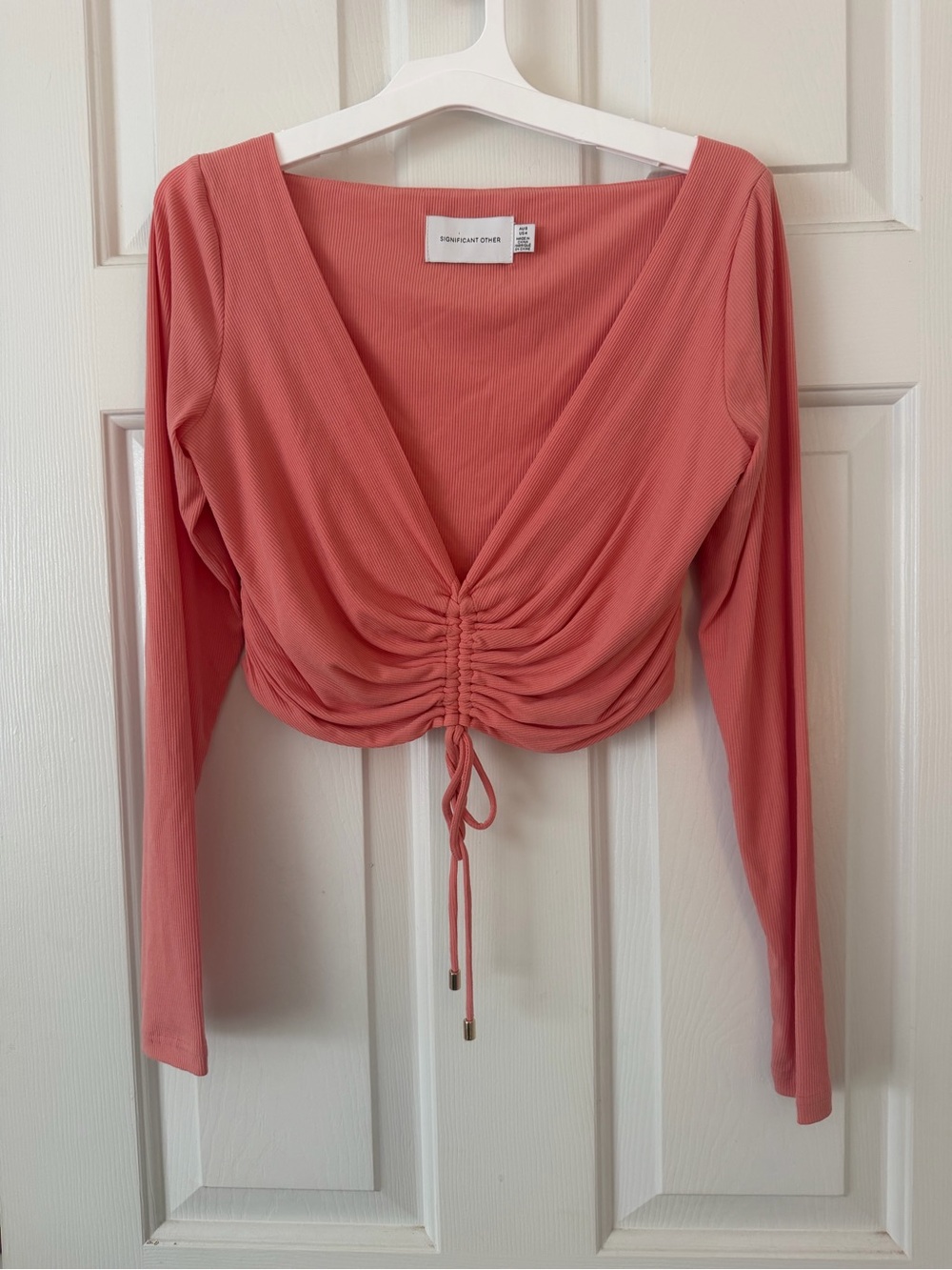 Revolve - Significant Other Coral Ruched Long-Sleeve Crop Top